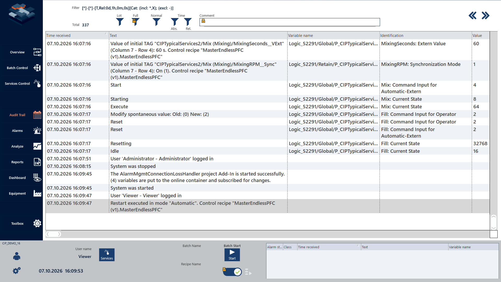 Audit trail listing recipe and operator events